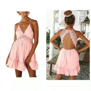 🆕 V-Neck Spaghetti Strap Bowknot Backless Sleeveless Lace Swing Skater Dress🆕